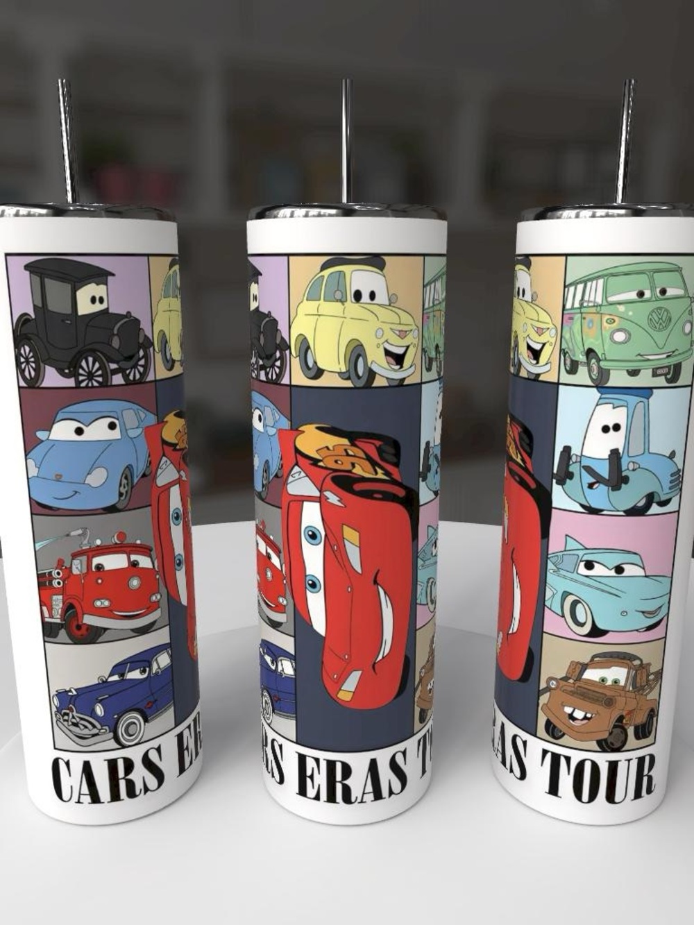 Kids Cartoon Cars Stainless Steel Tumbler - White with Multicolor Car Design